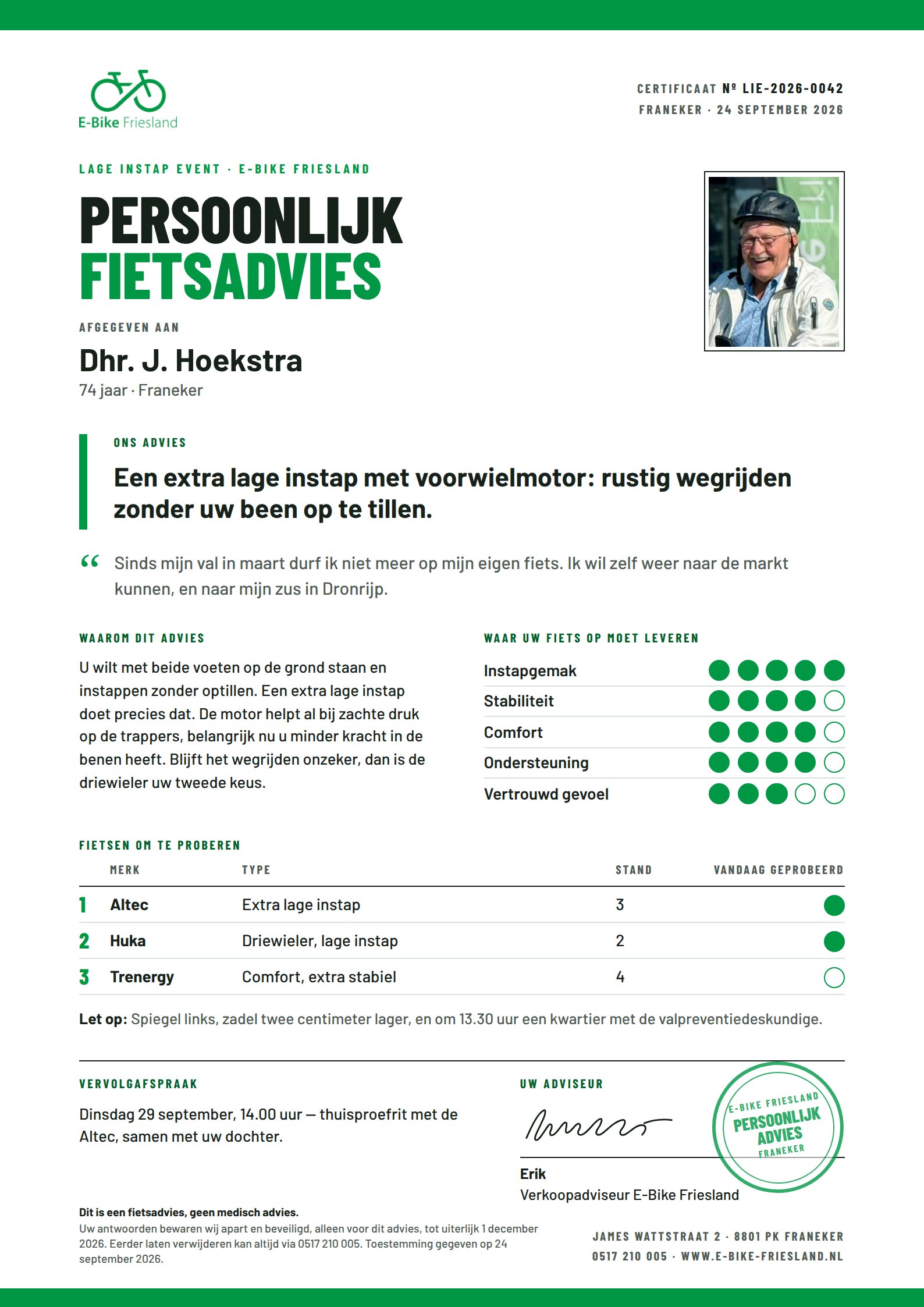 Voorbeeld van een ingevuld Persoonlijk Fietsadvies-certificaat